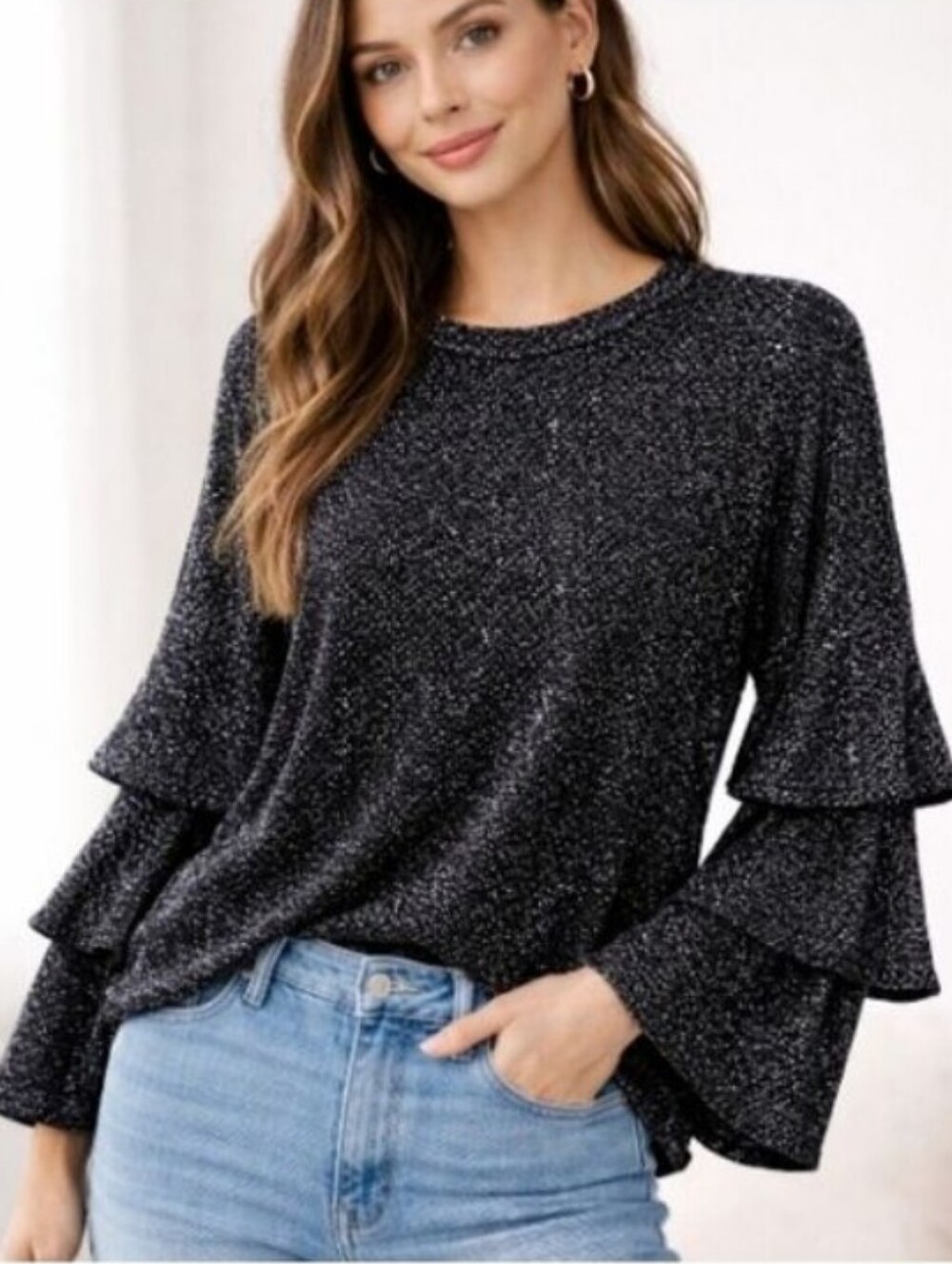 Express Black Silver Threaded Sparkly Tiered Bell Sleeve Top Size Large